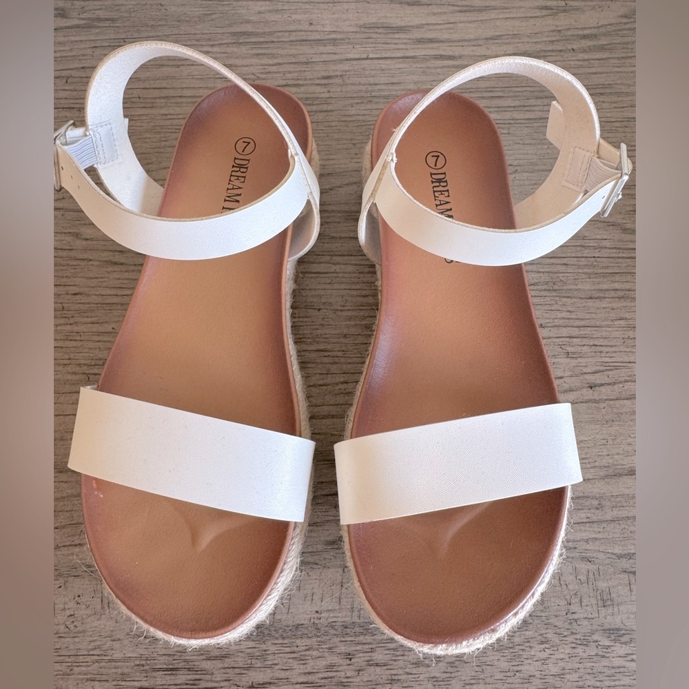 White Leather Platform Espadrille Sandals EUC Tan Ankle Strap Wedge Strappy - Picture 5 of 10